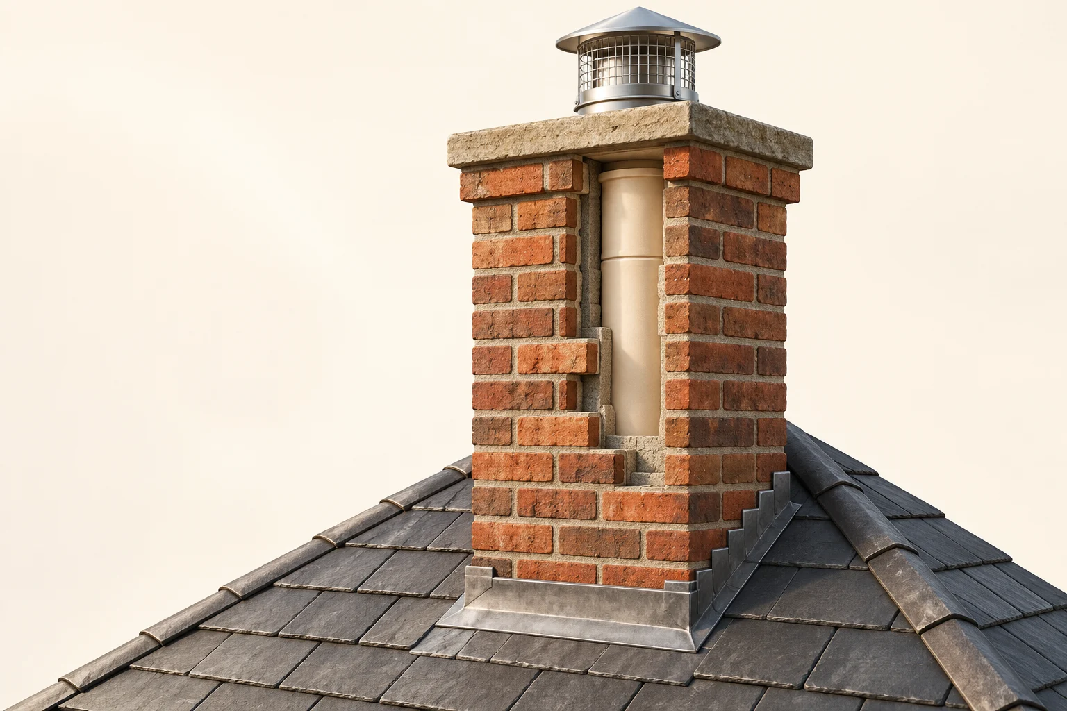 Architectural illustration of a brick chimney, metal rain cap and flue liner above a slate roof